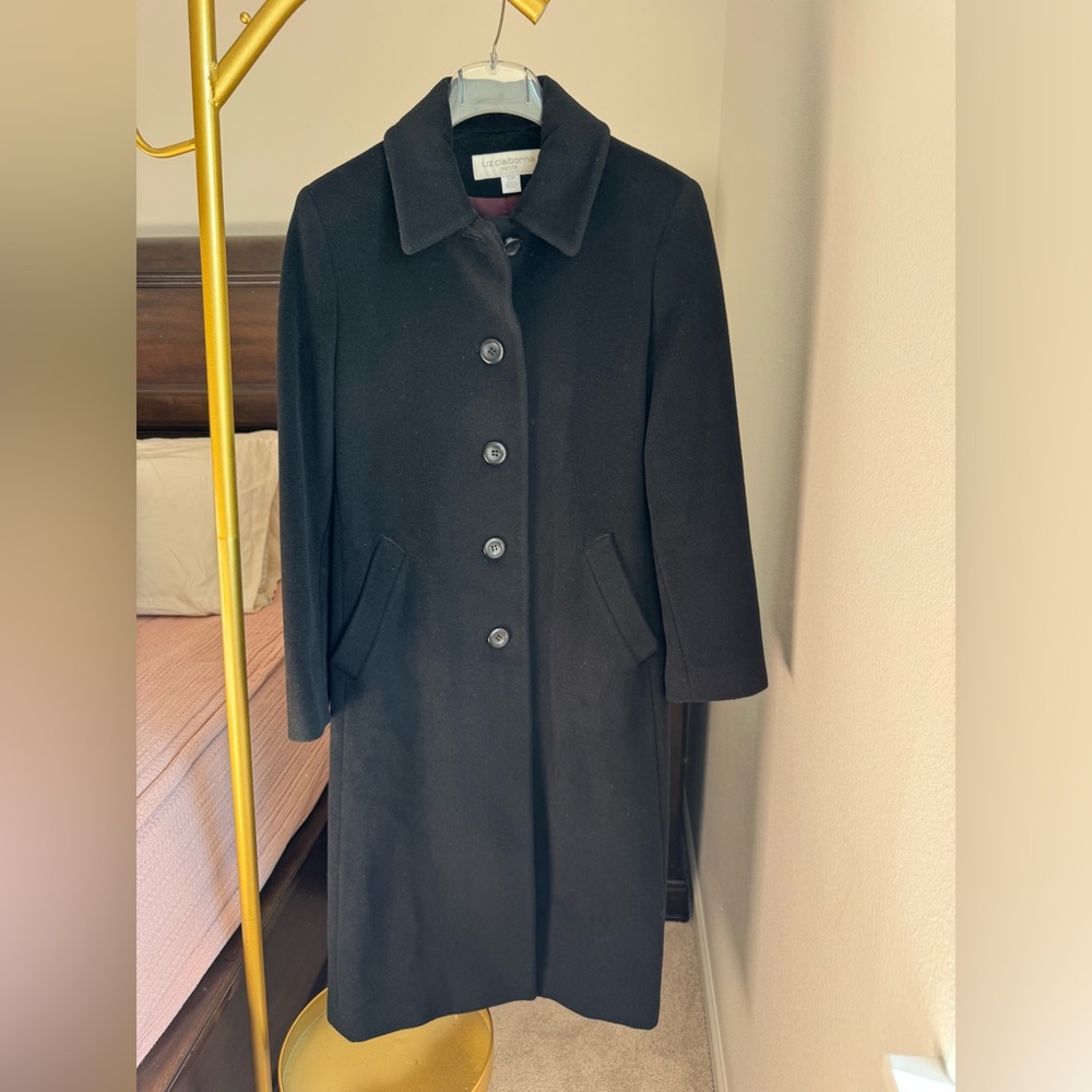 Liz Claiborne Wool & Cashmere Long Black Coat - Size 12 Petite